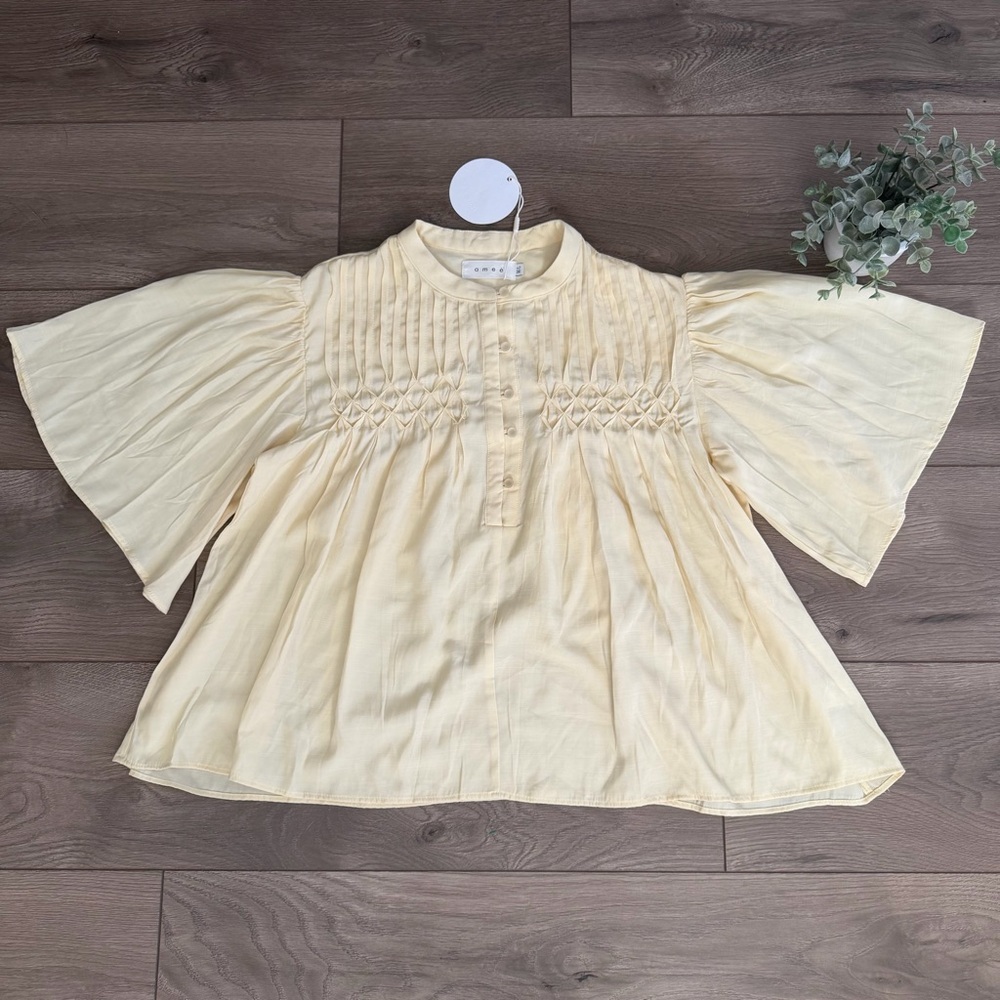 AMEE Yellow Smocked Blouse with Flared Sleeves 100% Cotton Size M/L